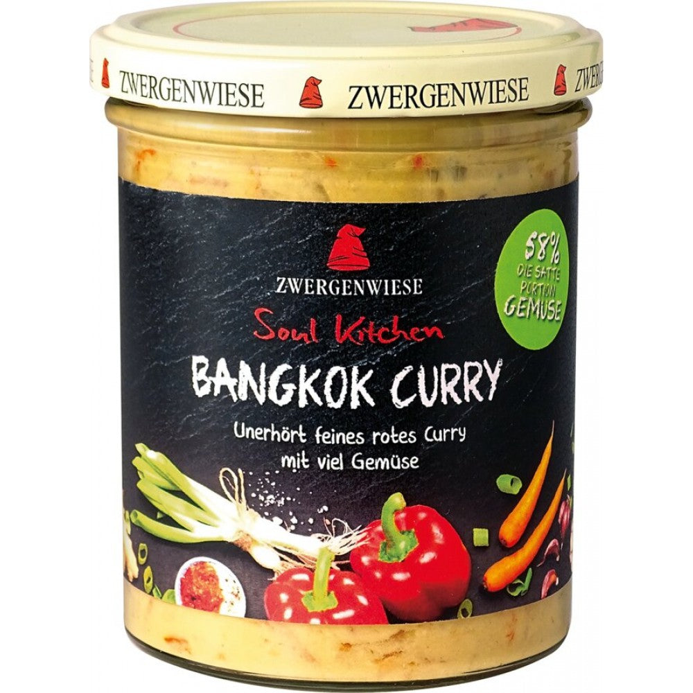 Sos Bangkok curry fără gluten 370g Zwergenwiese, etichetă neagră cu legume și ardei.