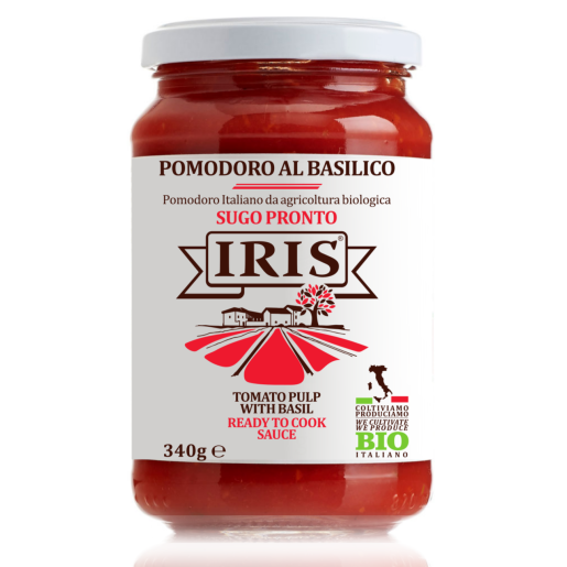 Sos bio de roșii cu busuioc IRIS, 340g, etichetă albă cu roșu, certificat organic.