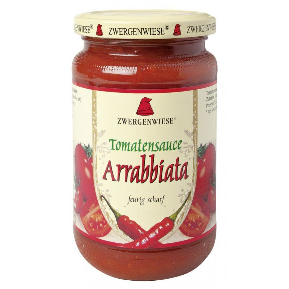 Sos bio Arrabbiata Zwergenwiese 340ml cu roșii ecologice și ardei iute, etichetă crem cu text roșu.