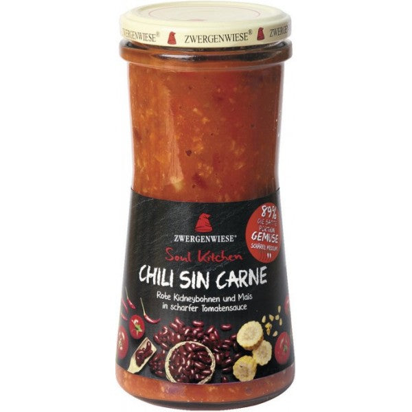 Sos chili fără carne cu soia, fără gluten, 420ml, Zwergenwiese, etichetă roșu-negru.
