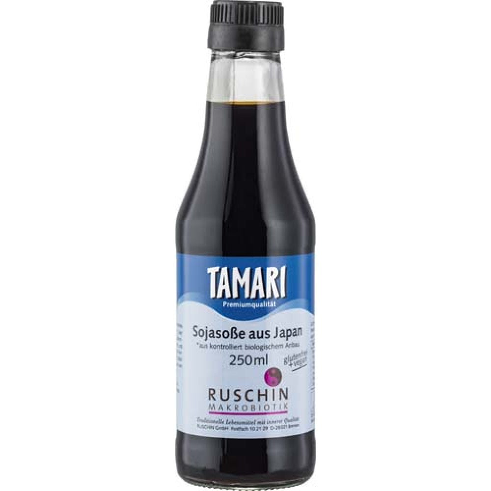 Sos condimentat de soia fără gluten, 250ml, îmbuteliat în sticlă cu etichetă albastră.