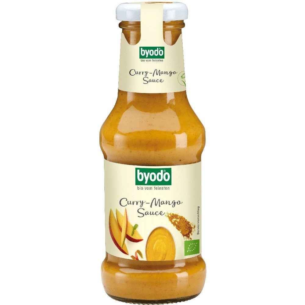 Sos curry cu mango Byodo 250ml, fără gluten, etichetă crem cu logo verde.