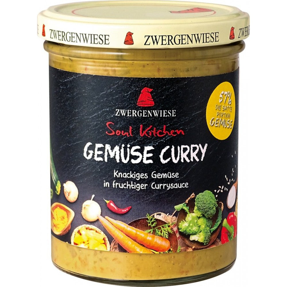 Sos legume și curry bio fără gluten 370g Zwergenwiese, etichetă neagră, borcan transparent.