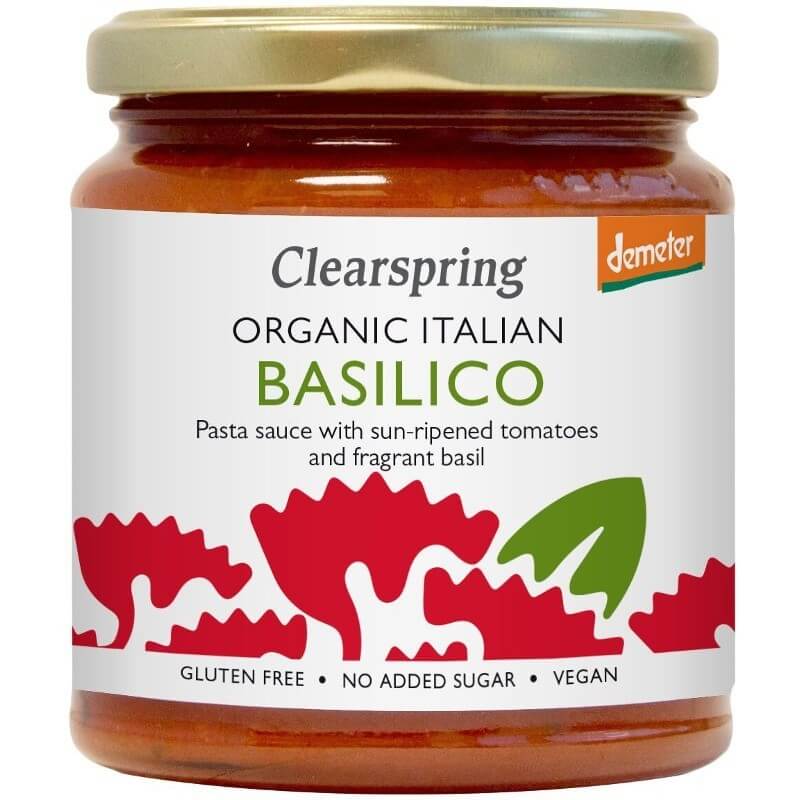 Sos Paste Basilico Clearspring 300g, borcan sticlă, etichetă albă cu roșu și verde, vegan, gluten-free.