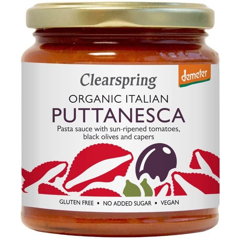 Sos Paste Puttanesca Clearspring eco Demeter 300g, vegan, fără gluten, cu roșii, măsline și capere.