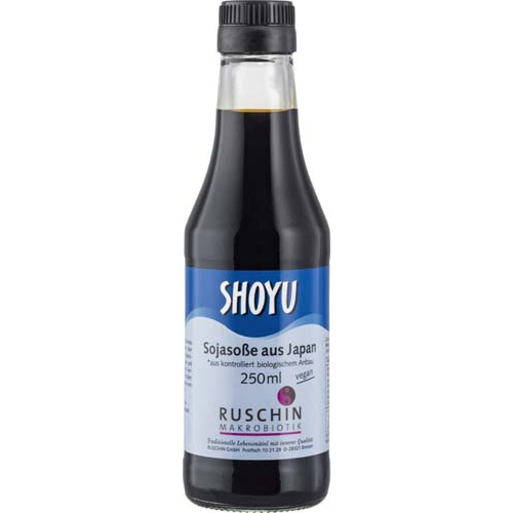 Sos de soia fin bio shoyu, sticlă 250g, etichetă albastră și neagră, capac negru.