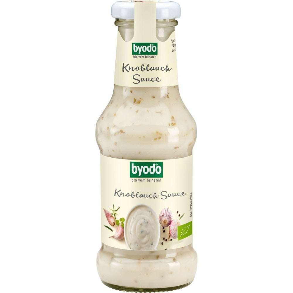 Sos de usturoi fără gluten Byodo 250ml, sticlă, etichetă albă, organic.