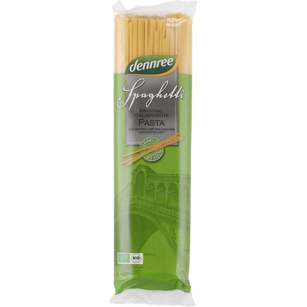 Spaghete din grâu dur bio Dennree, ambalaj verde, 500g, provenite din agricultură ecologică.