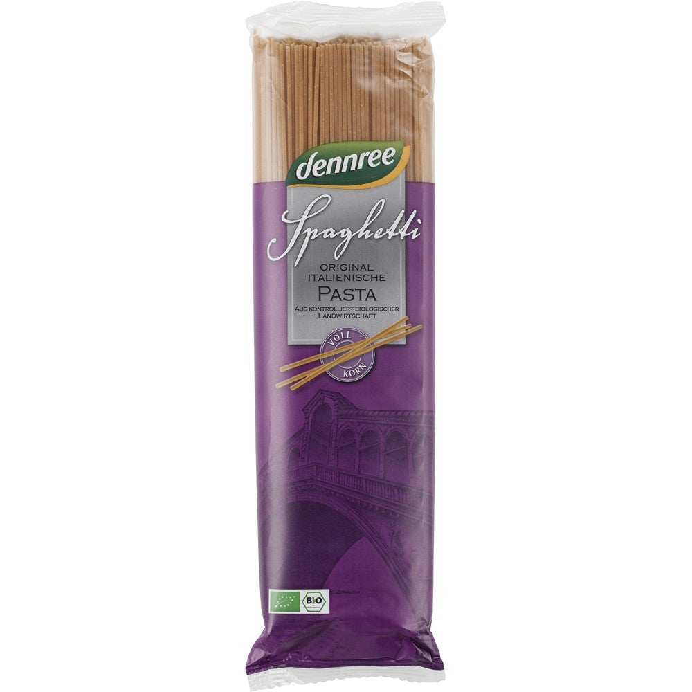 Spaghetti bio din grâu dur integral Dennree 500g, ambalaj mov, produs ecologic.