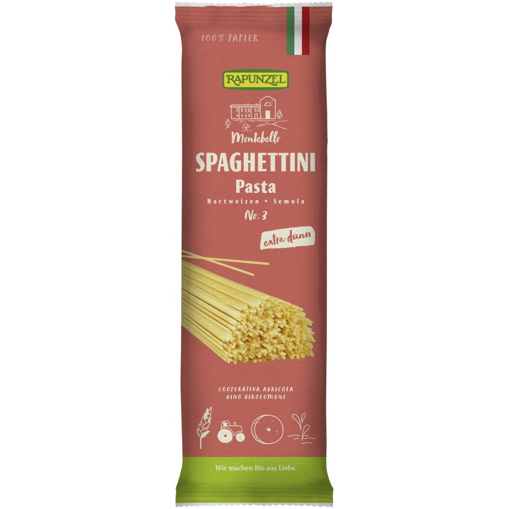 Spaghetti semola bio extra subtiri Rapunzel, ambalaj roșu, 500g, ecologic, grafică italiană.