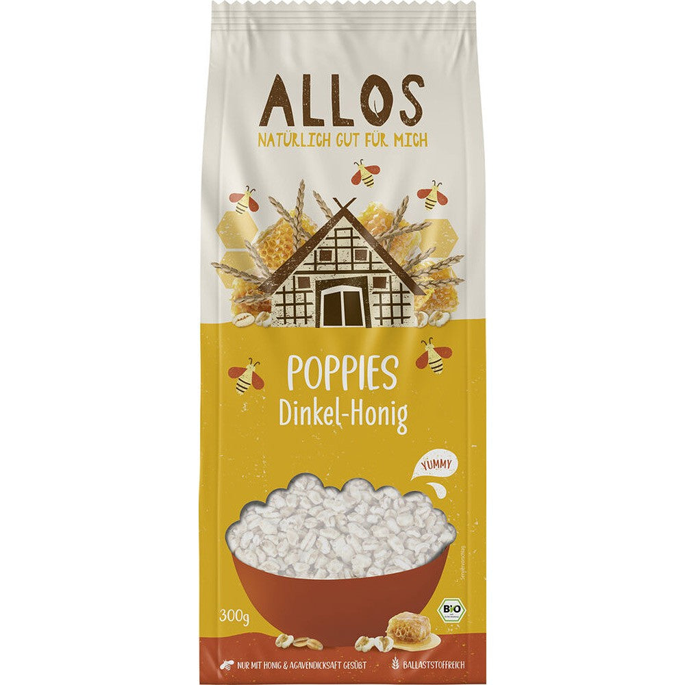 Spelta expandată cu miere bio Allos, 300g, design galben și alb, cu grafică fagure și cereale.