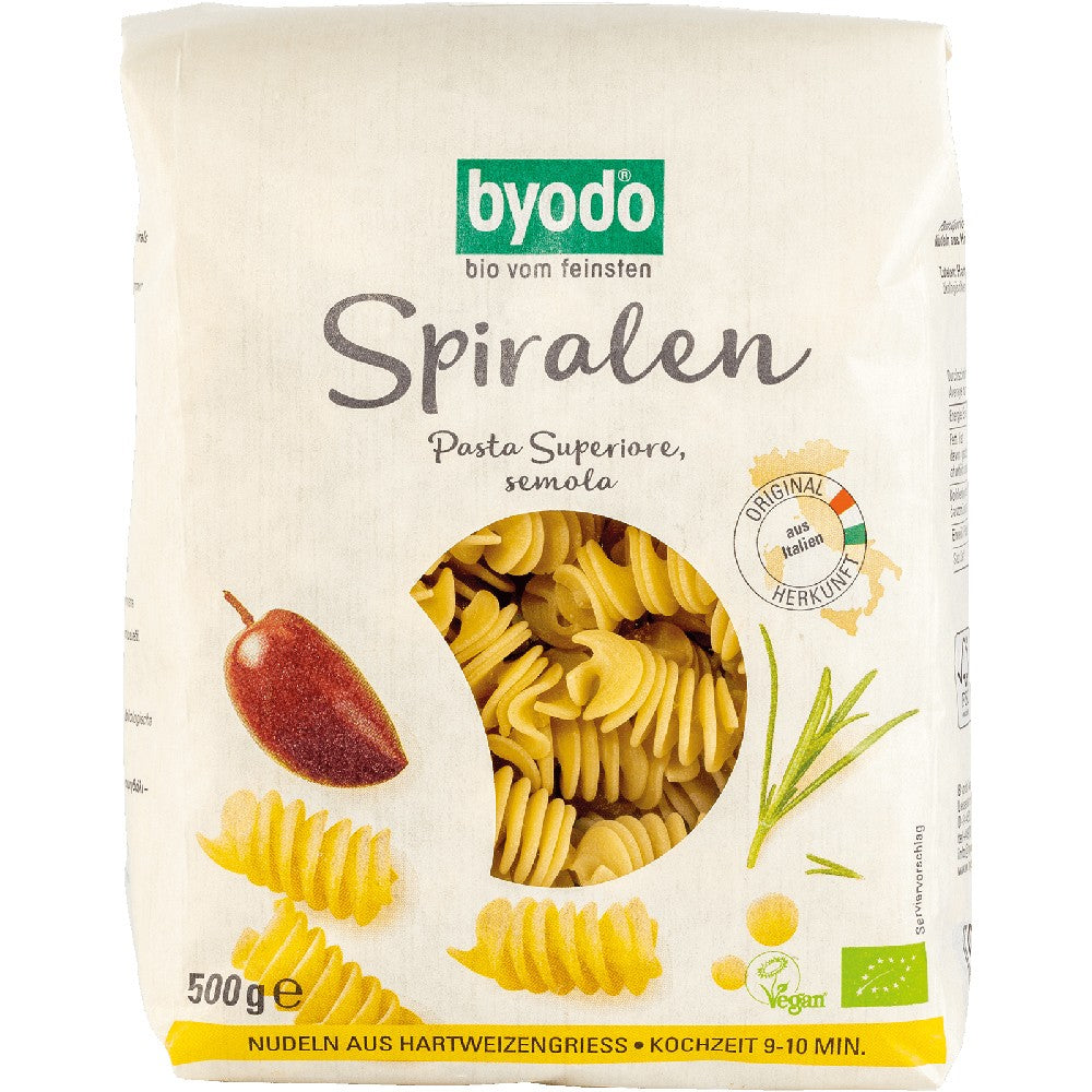 Pachet de paste spiralate Byodo semola 500g, ambalaj alb cu imprimeuri colorate, detalii vegane.