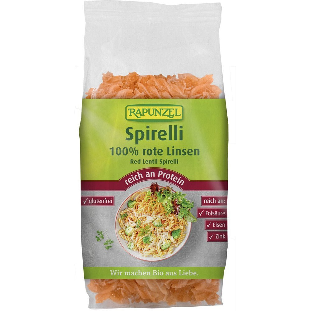 Spirelli din linte roșie fără gluten Rapunzel 300g ambalaj verde.