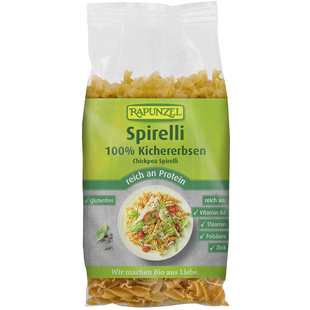 Spirelli din năut fără gluten Rapunzel 300g, pachet verde cu paste spirale și etichetă informativă.
