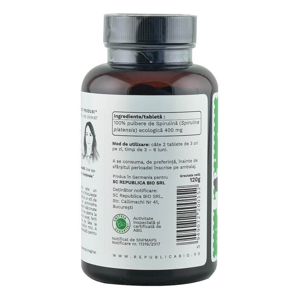 Flacon spirulină BIO 400mg 300 tablete, etichetă detalii utilizare, certificare organică.
