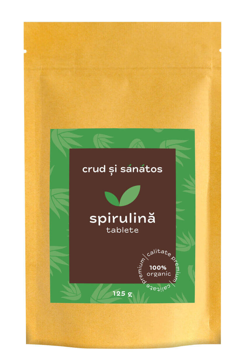 Spirulina tablete bio 125g crud și sănătos, ambalaj verde și maro, 100% organic.