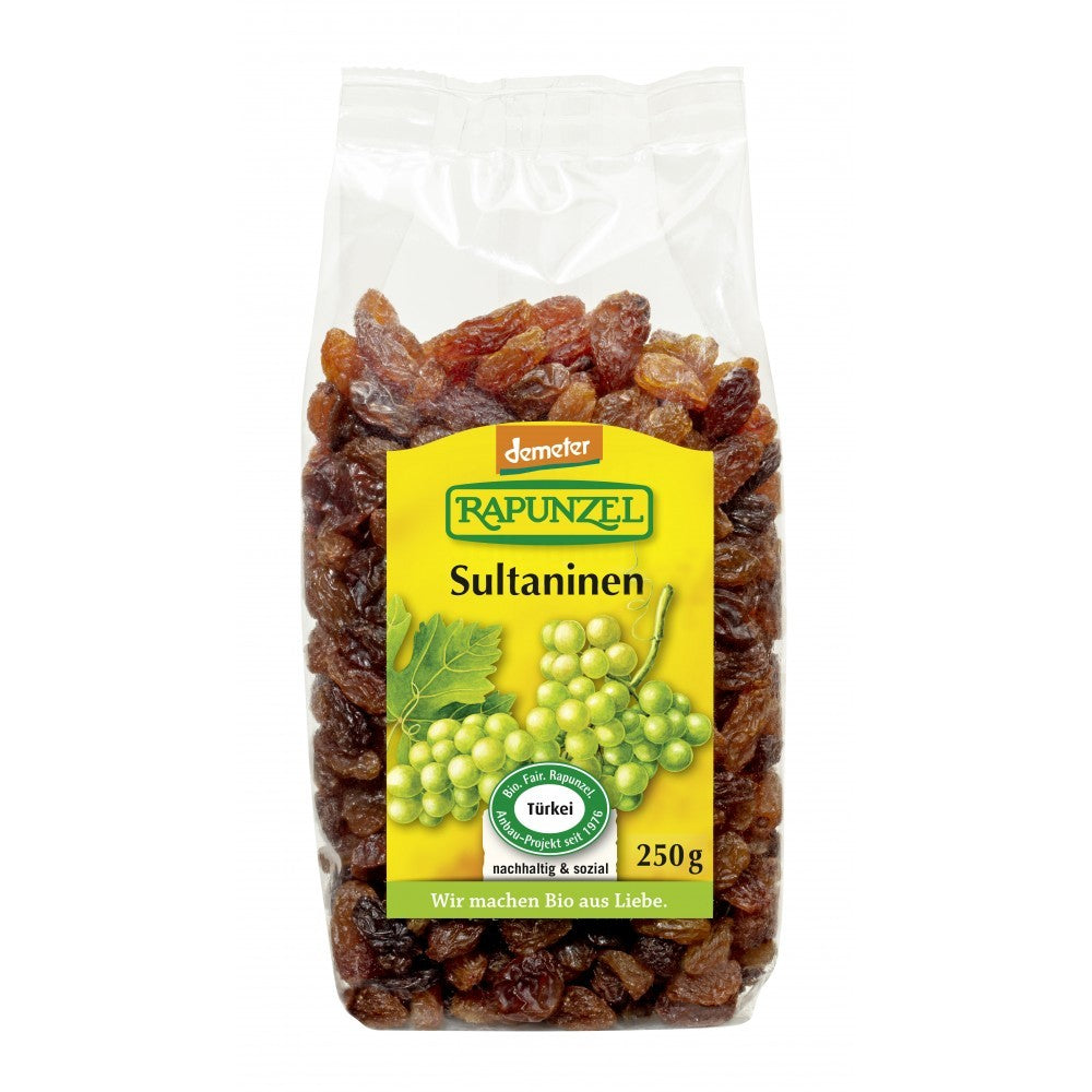 Stafide bio Rapunzel 250g, suculente, dulci, în ambalaj transparent cu etichetă verde și galbenă.