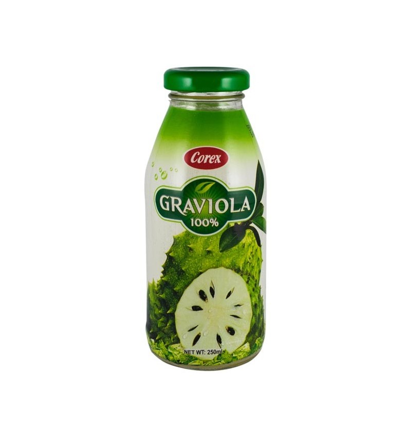 Sticlă de suc de graviola 100%, 250 ml, cu capac verde, etichetă verde și fruct ilustrat.