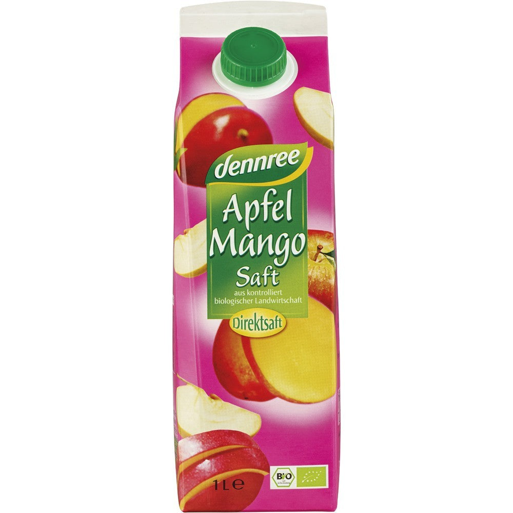 Suc de mere cu mango Dennree în ambalaj carton roz cu imagini de fructe.