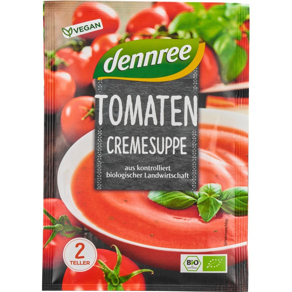 Supa cremă de roșii bio Dennree, plic 40g, eticheta vegană și ingredientele ecologice.