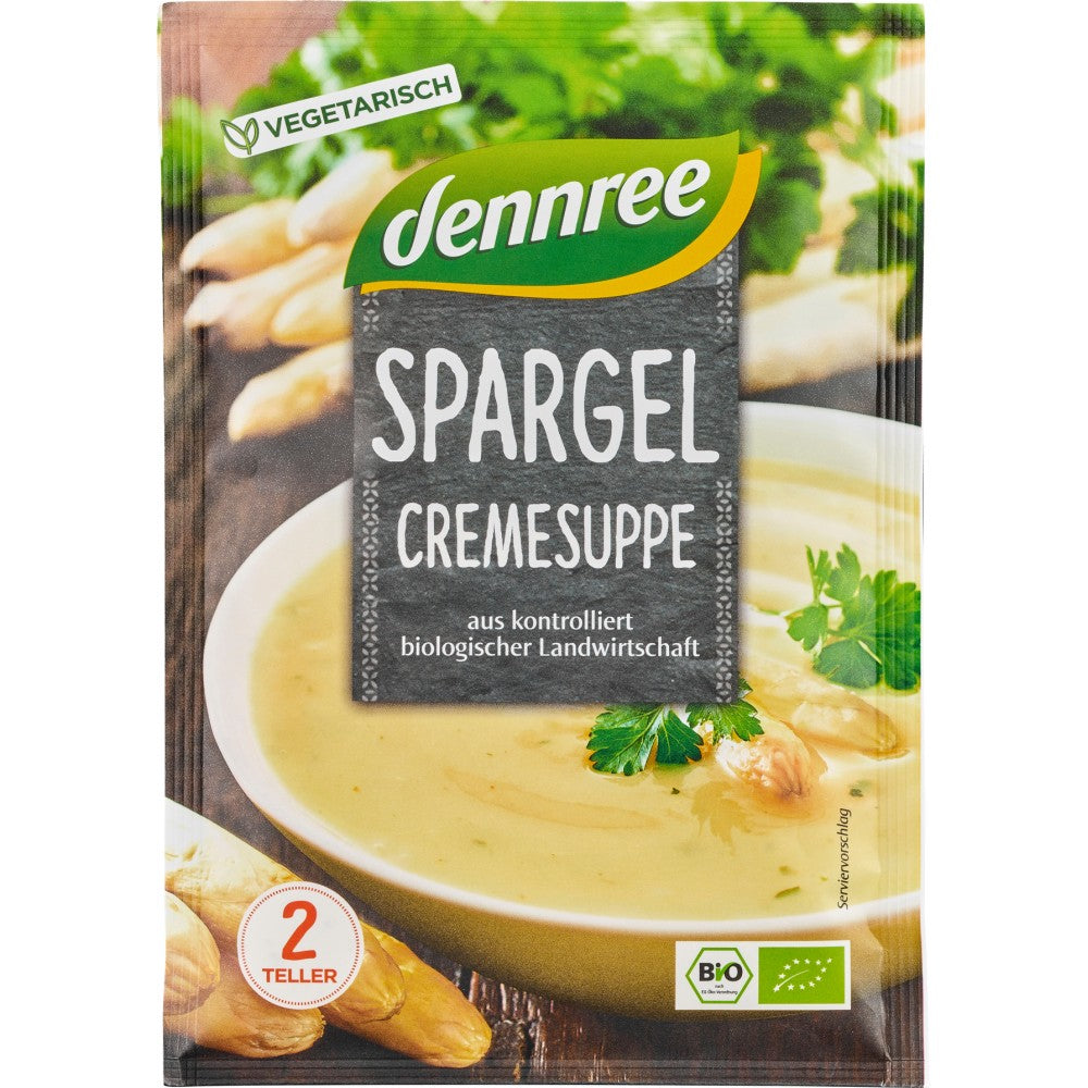 Supa cremă bio de sparanghel Dennree, plic 45g, ambalaj verde-gri cu imaginea produsului.