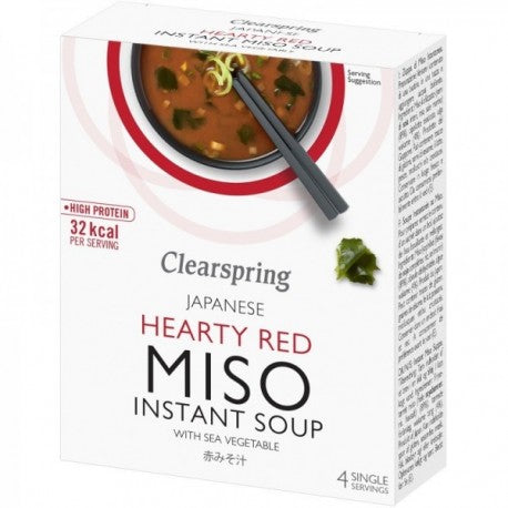 Supa instant Miso Rosu Alge Clearspring, 40g, cutie albastră și albă, cu grafică de supă miso și bețe negre.