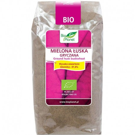 Tarate de hrisca macinate Bio Planet 400g, ambalaj transparent, eticheta mov.