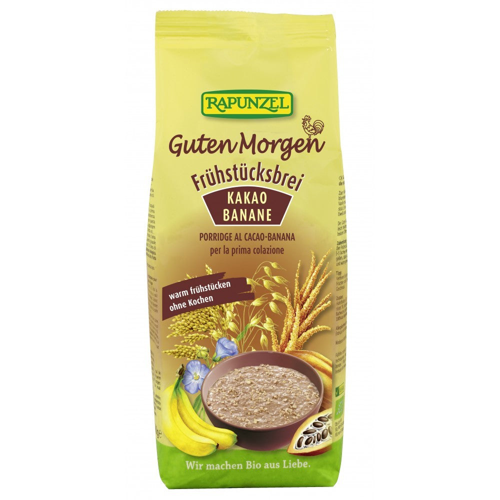 Pachet galben Rapunzel terci bio cacao banană cu imagine cacao, cereale, banane, 500g