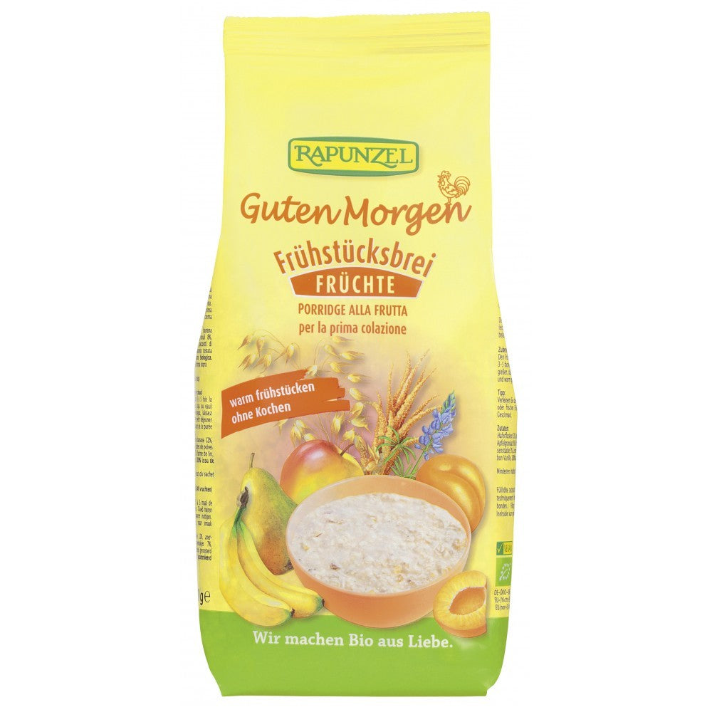 Pungă galbenă, terci bio Rapunzel, 500g, cu cereale, fructe și branding Guten Morgen.