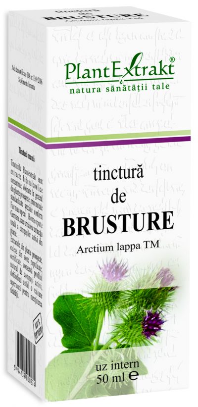 Tinctura de brusture Plantextrakt 50 ml, ambalaj alb cu text verde și imagine plantă.