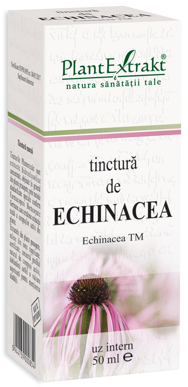 Tinctură echinacea 50 ml Plantextrakt ambalaj alb cu text verde și floare roz.