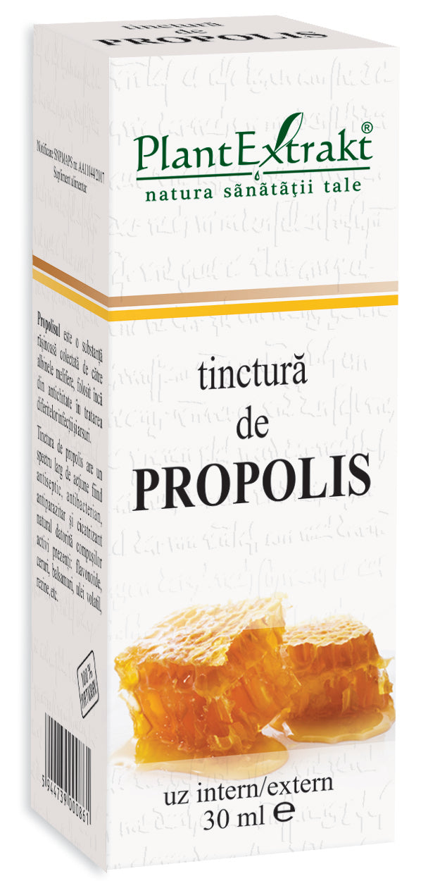 Cutie Tinctură de Propolis Plantextrakt, 30 ml, design alb cu text și imagine fagure.