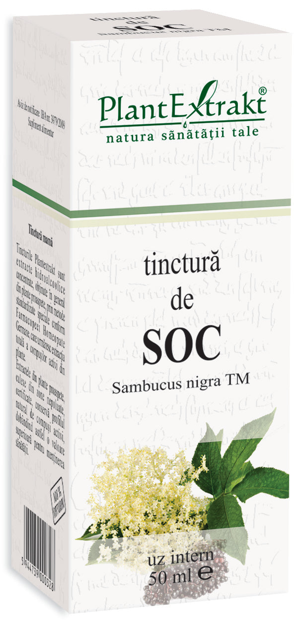 Tinctură de soc Plantextrakt 50 ml, flori și frunze de soc pe ambalaj, text pe fundal alb.