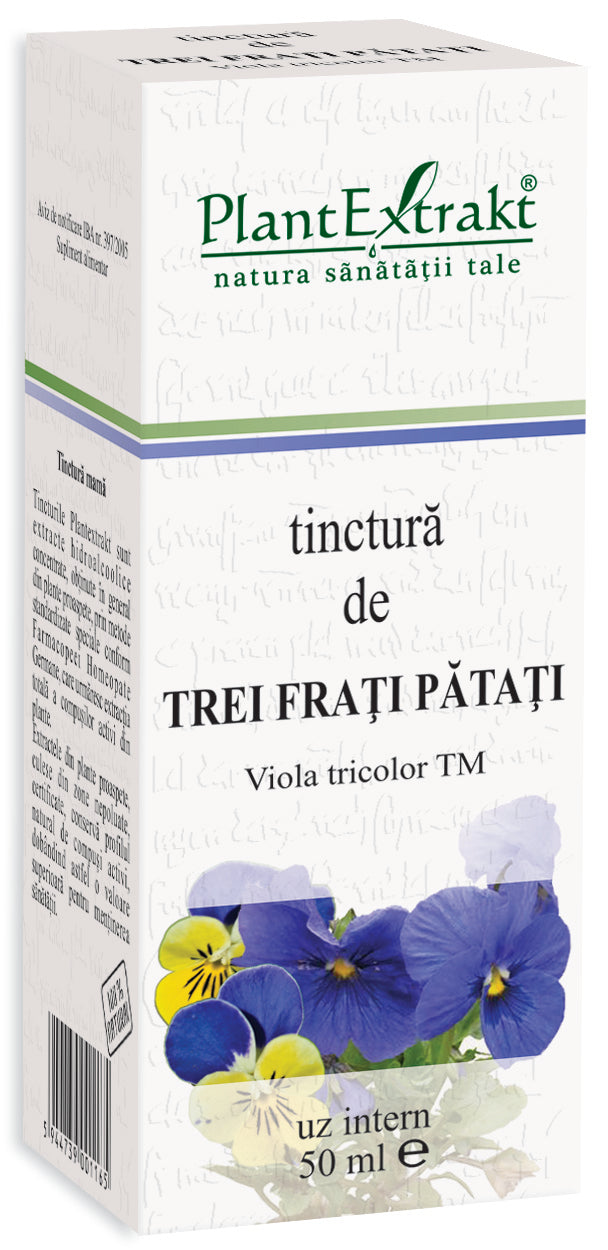 Tinctură de trei frați pătați PlantExtrakt, 50 ml, cutie albă cu flori mov-galbene.