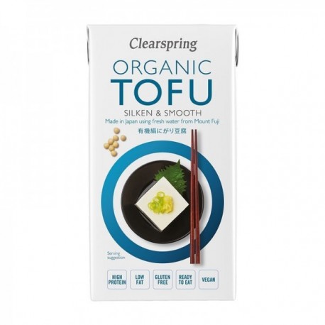 Tofu Silken Eco 300g Clearspring, ambalaj alb cu inscripții albastre, imagine pătrată de tofu pe farfurie neagră.