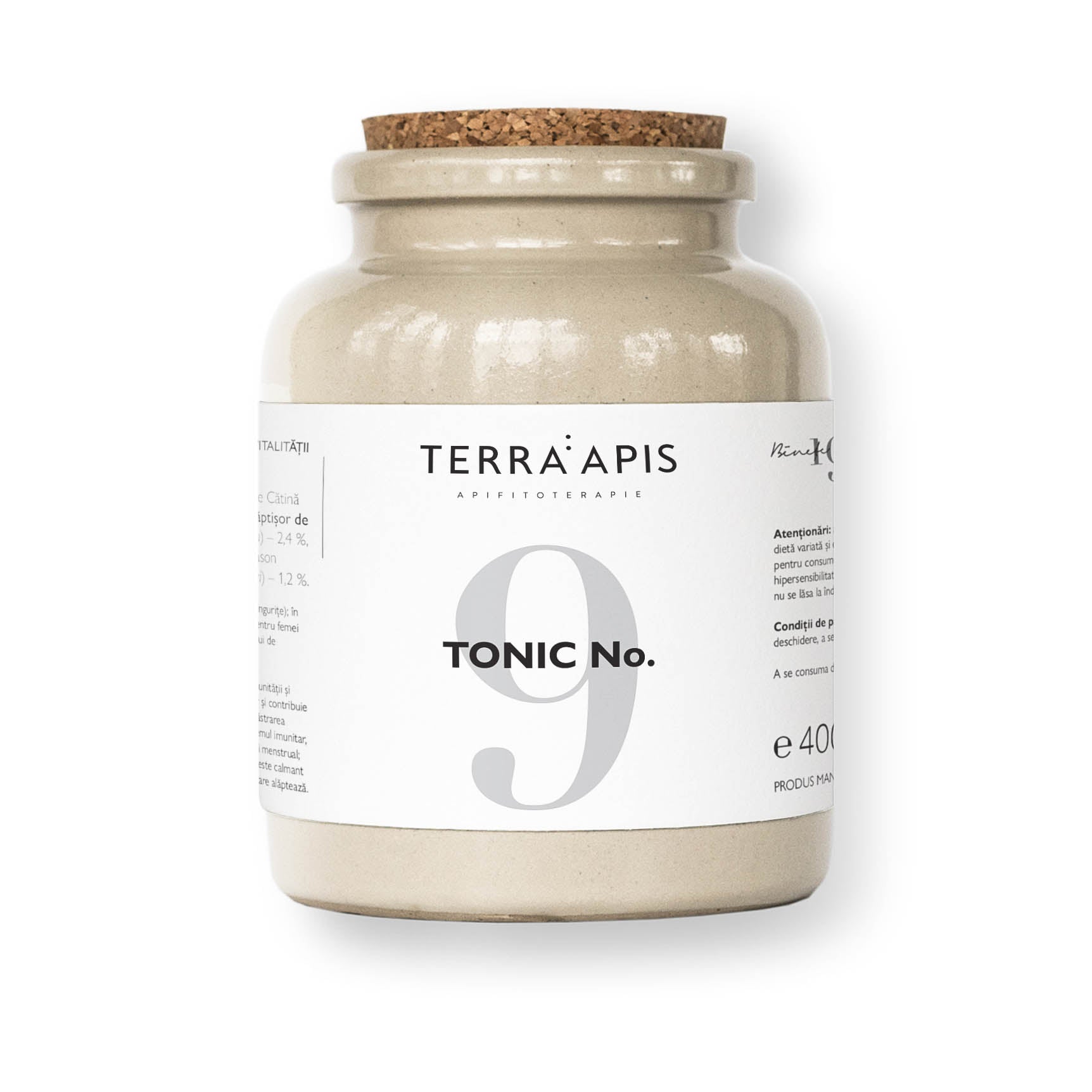 Tonic No. 9, 400g, borcan ceramic bej cu capac din plută, etichetă albă.