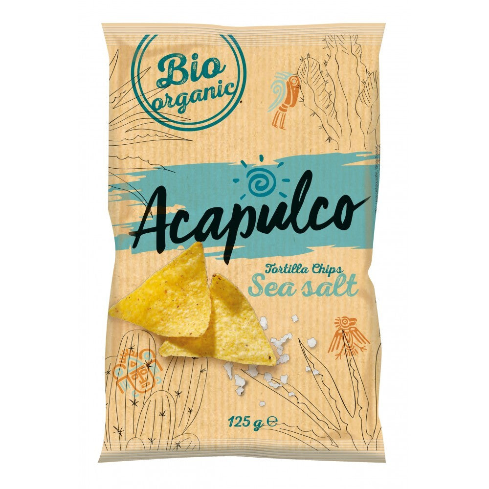 Acapulco Tortilla Chips natur 125g, crocante, aurii, fără arome artificiale, ambalaj Bio organic desenat.
