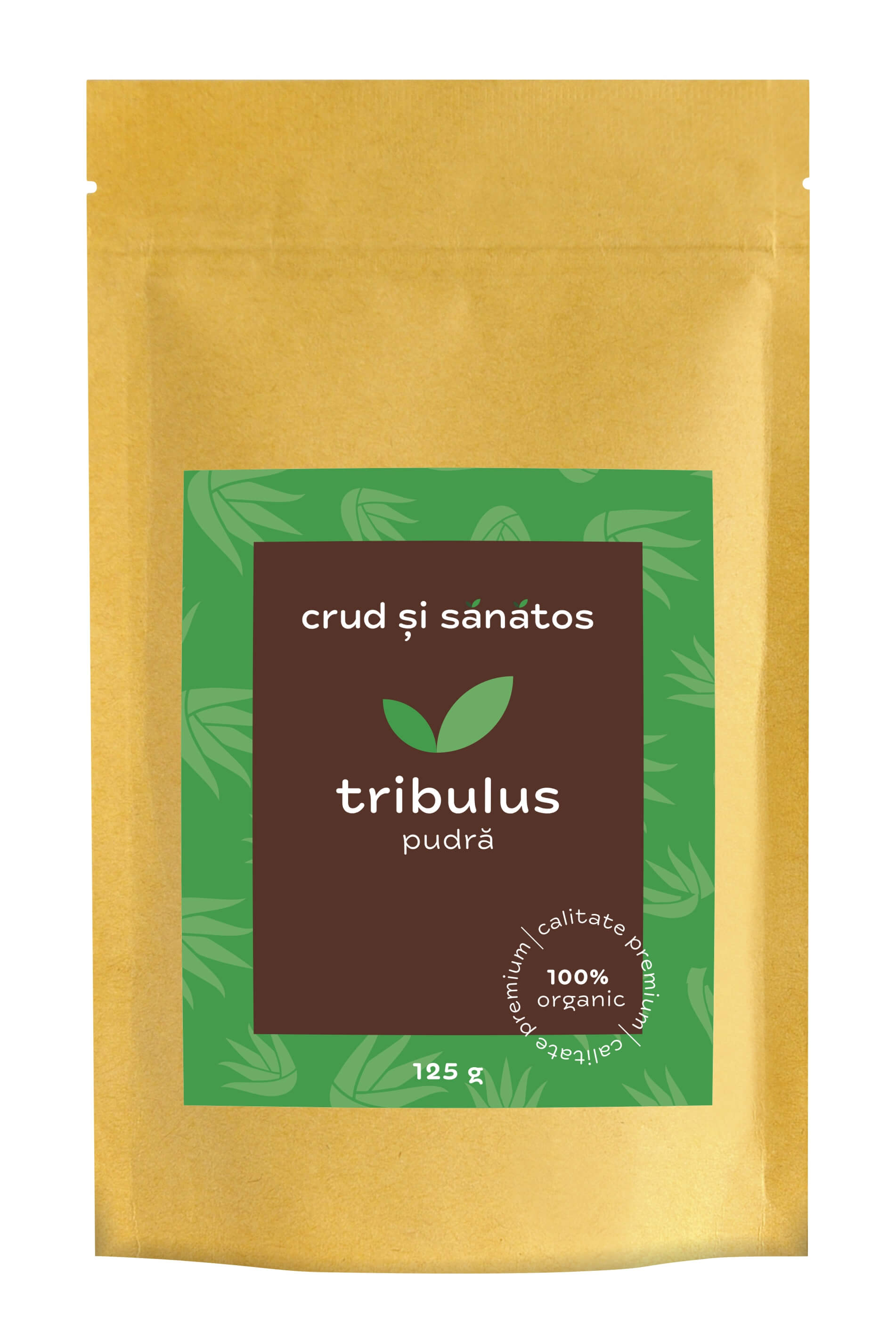 Tribulus terrestris pudră bio 125g, ambalaj kraft maro cu etichetă verde și logo frunză.