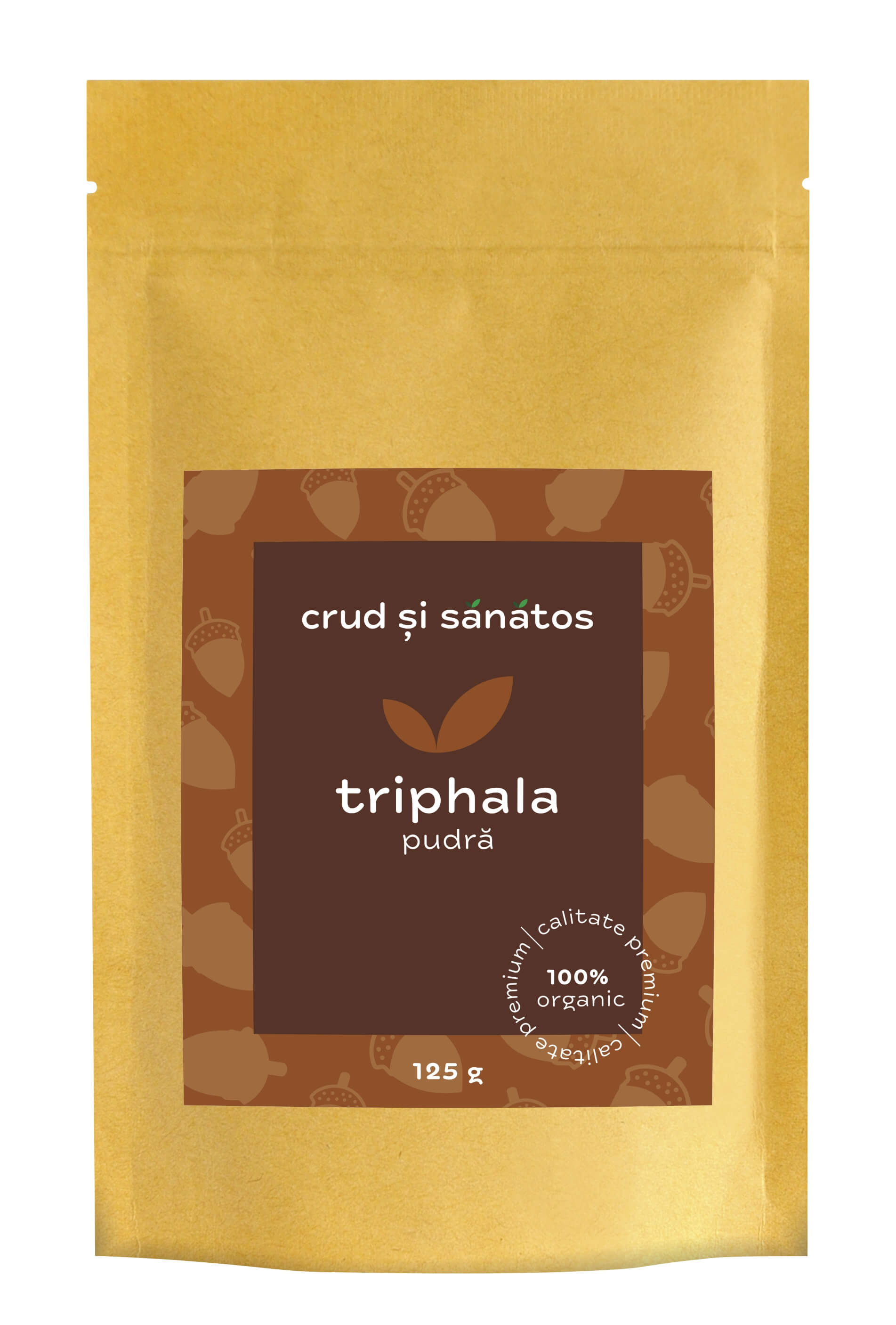Triphala pudra bio, ambalaj maro cu etichetă și logo pe fundal galben.