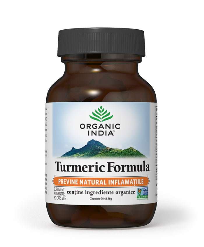 Turmeric formula cu ghimbir, antiinflamator, sticlă maro, capac negru, 60 capsule vegetale.