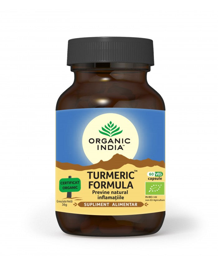 Flacon Turmeric Formula Organic India, capsule antiinflamatoare naturale, 60 buc, etichetă albastră.