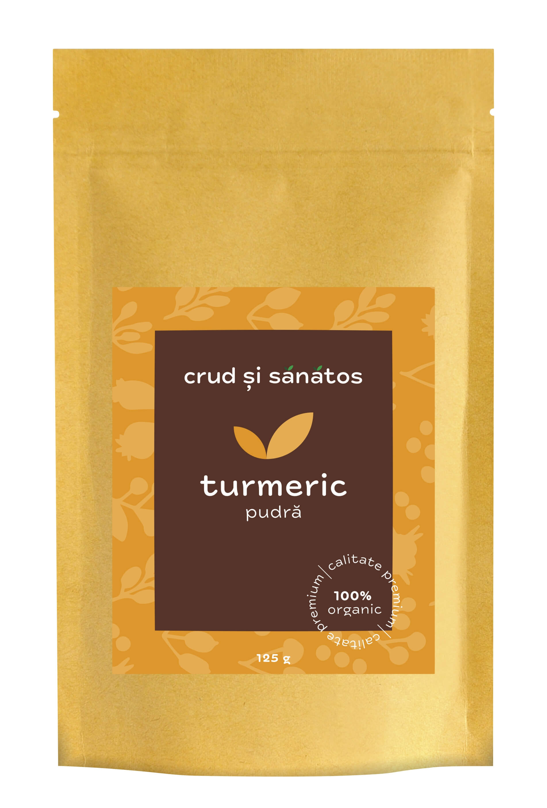 Turmeric pudră bio în ambalaj galben, text crud și sănătos, 125g.