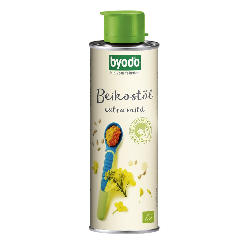 Ulei bio pentru bebeluși Byodo 250ml, etichetă verde, capac verde, design floral.