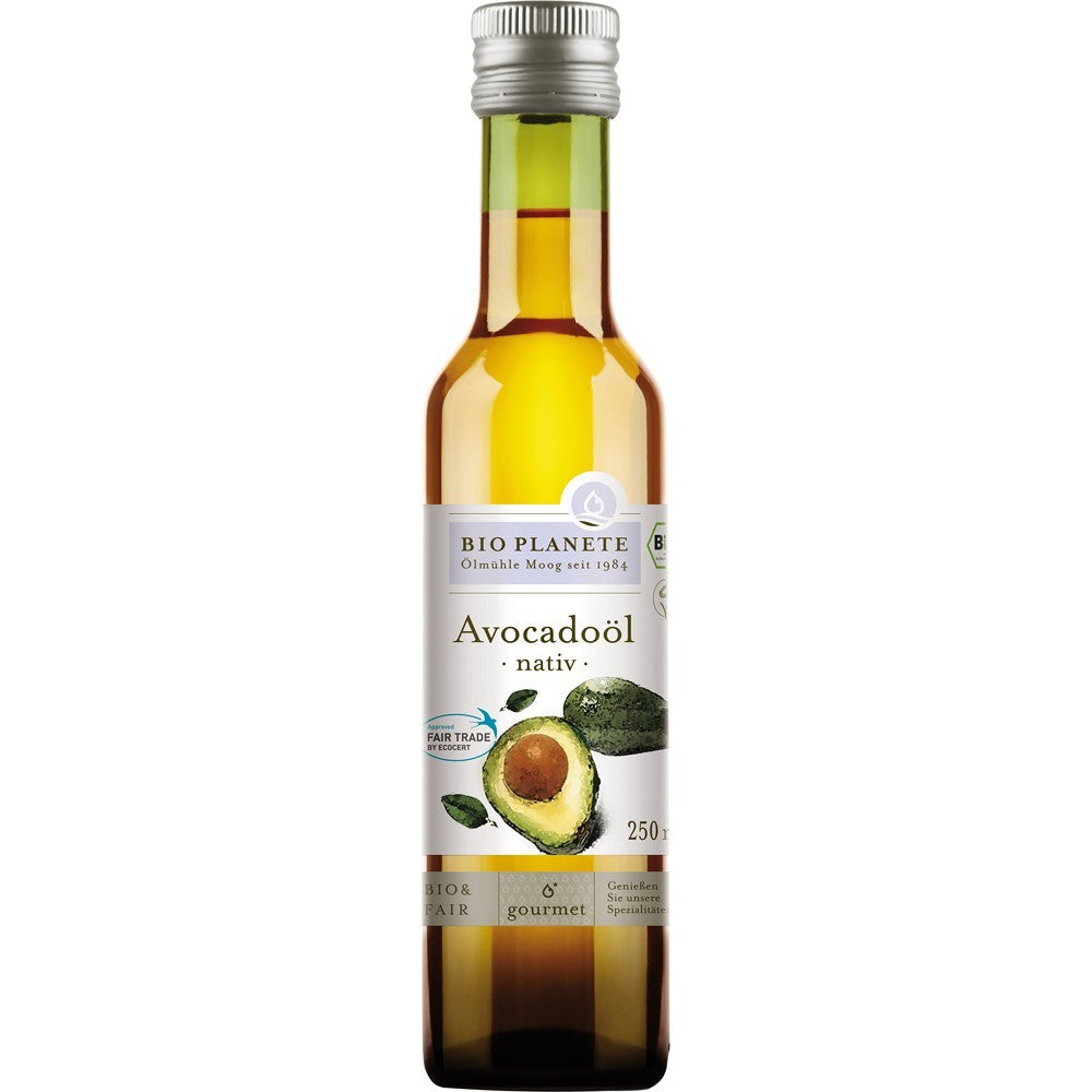 Ulei de avocado virgin Bio Planète 250ml, sticlă verde cu etichetă și capac metalic.