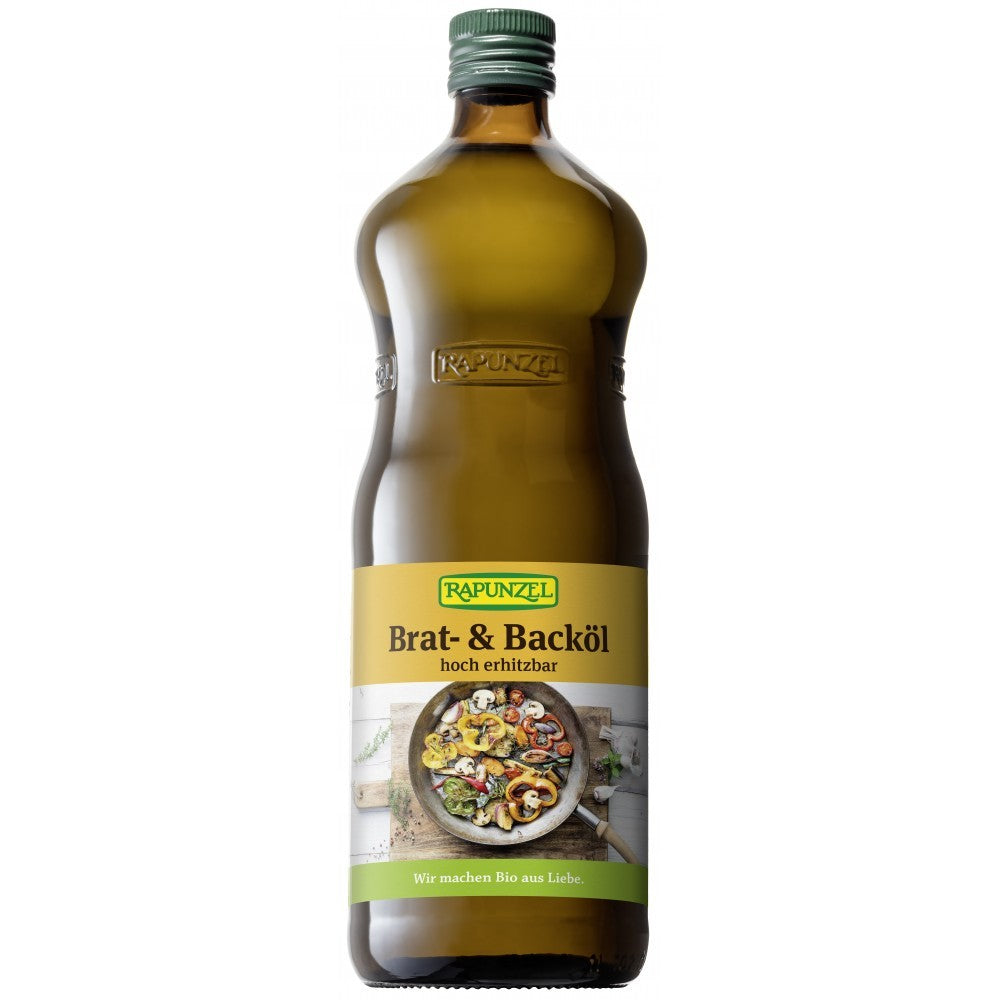Sticlă de ulei bio Rapunzel pentru copt și prăjit, 1L, etichetă verde-galbenă.
