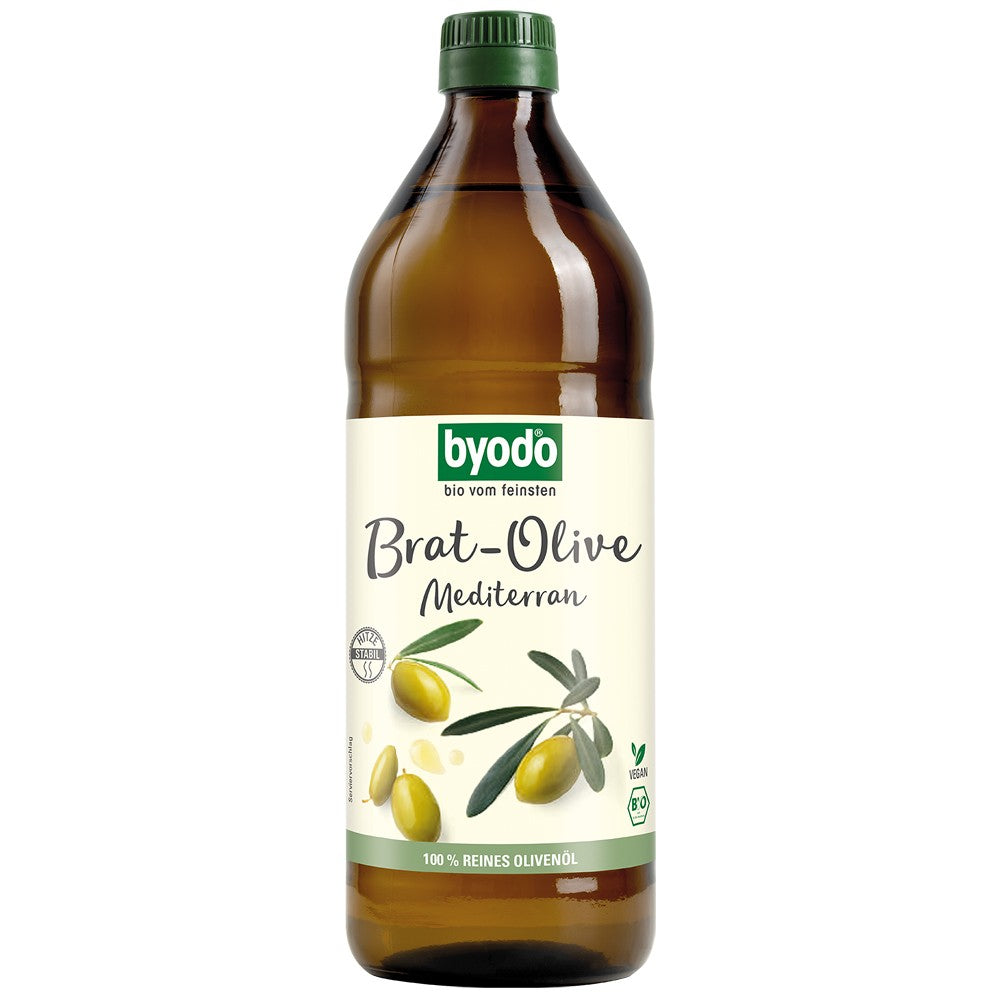 Ulei bio de măsline Byodo 750ml pentru prăjit, sticlă maro, etichetă verde.