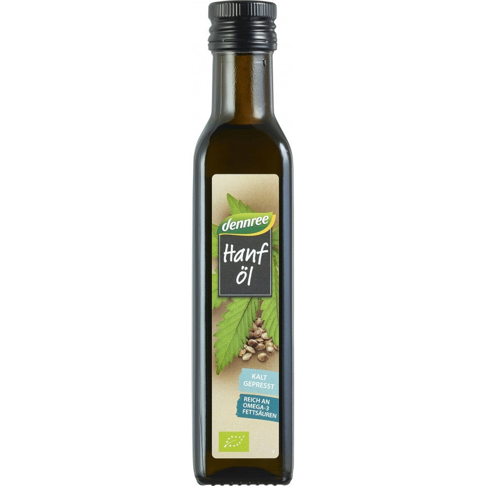 Ulei de cânepă bio 250ml Dennree în sticlă verde cu etichetă ilustrativă.