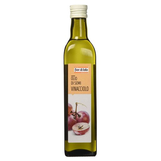 Ulei din sâmburi de struguri Fior di Loto 500ml, sticlă verde, etichetă bej cu imagine struguri.