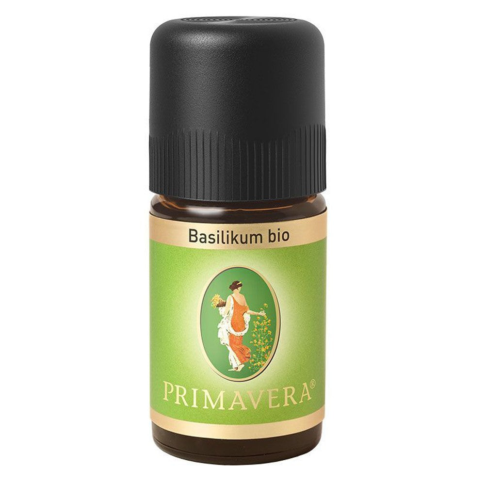 Ulei esențial busuioc bio Primavera Life 5ml, sticlă maro cu capac negru, etichetă verde.