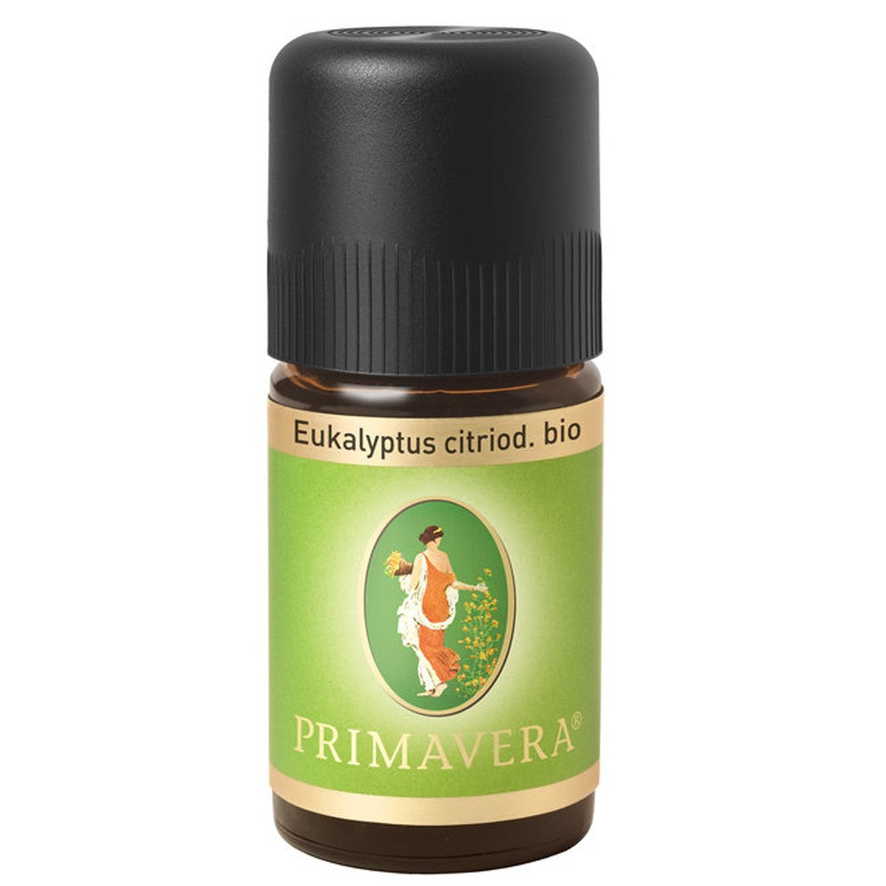 Sticluță ulei esențial Eucalyptus citriodora bio 5ml, etichetă verde, capac negru.